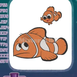 Two cheerful embroidered clownfish, one larger and one smaller, with orange, white, and black stripes, on a white background.