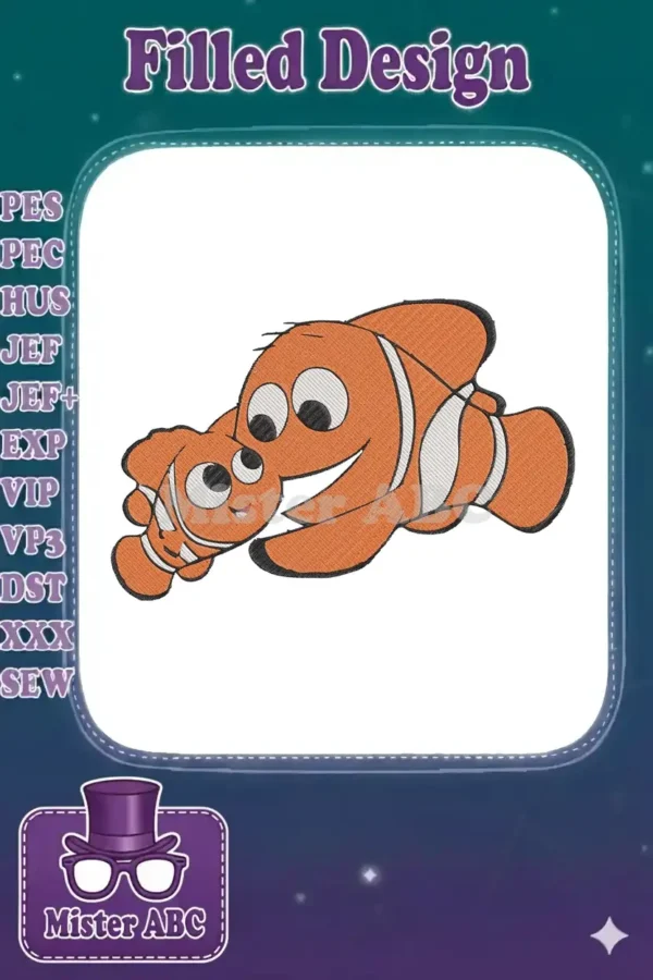 Embroidered design featuring two joyful orange and white clownfish, reminiscent of Marlin and Nemo, on a white background.