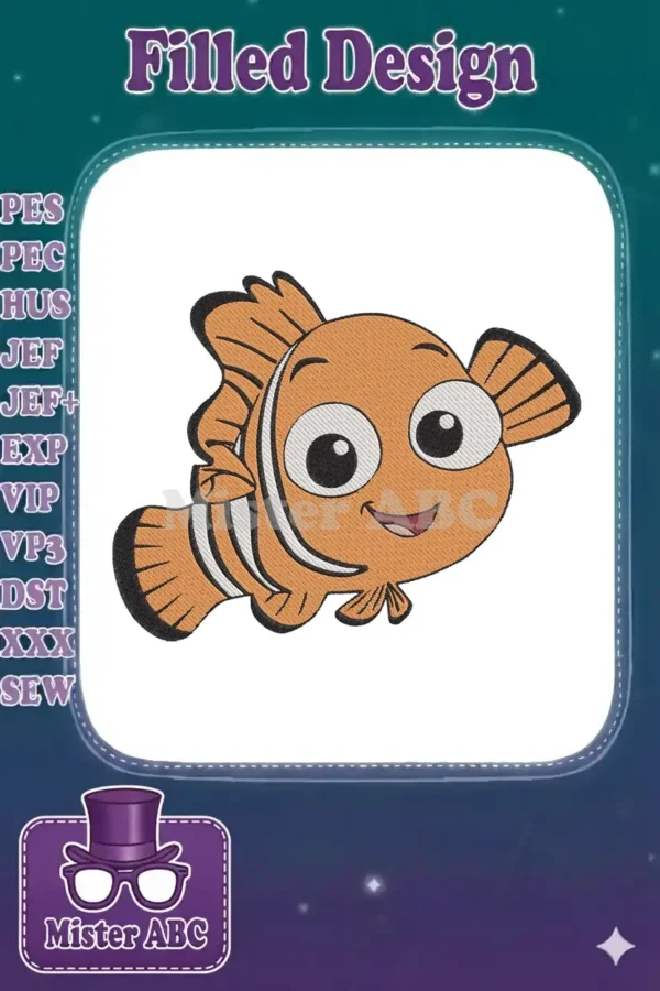 A vibrant, happy clownfish embroidery design, featuring bright orange, white stripes, and bold black outlines. Perfect for kids' items.