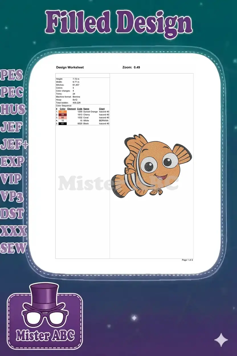 Detailed embroidery design worksheet for the clownfish, showing dimensions, stitch count, colors, and machine specifications.