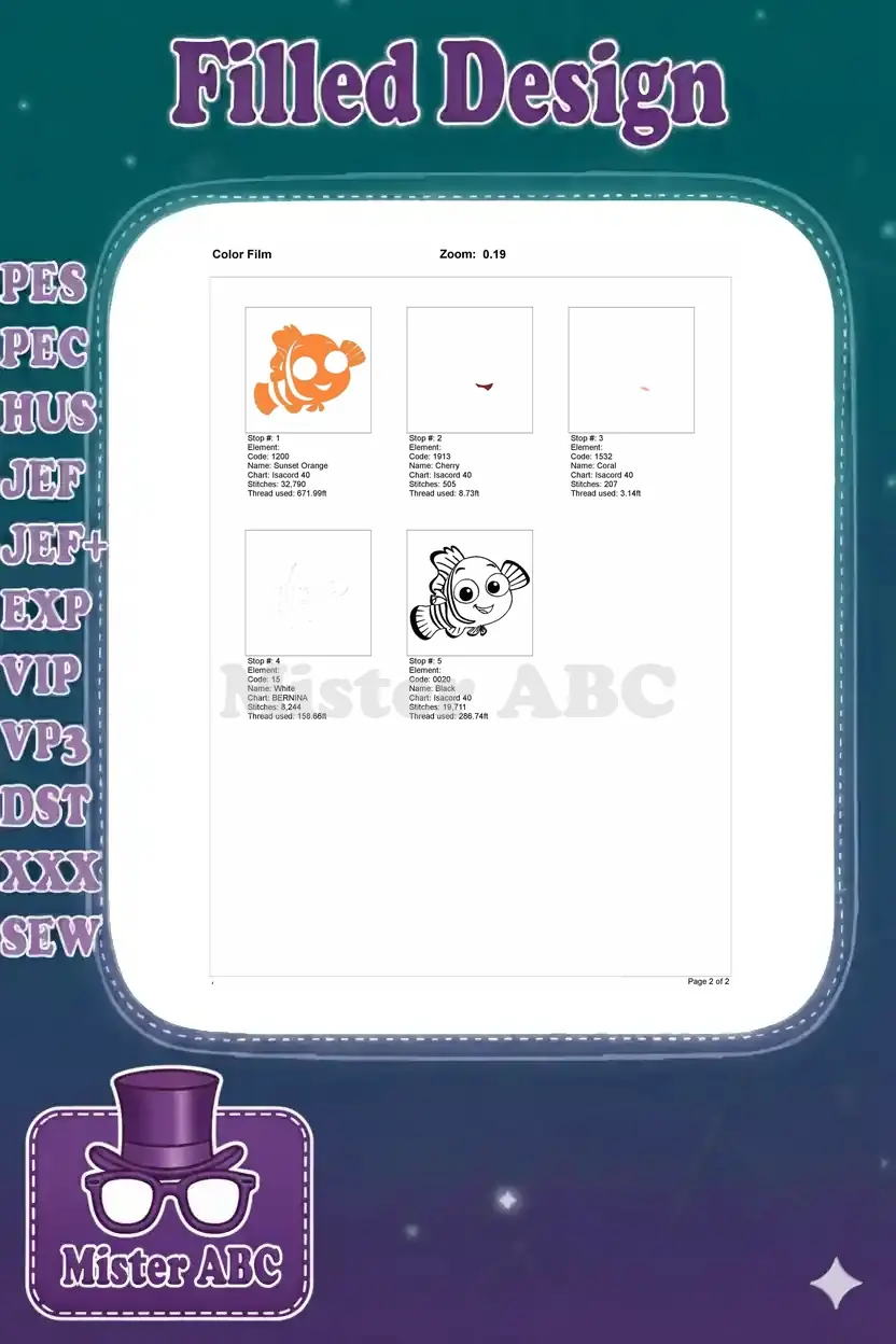 Color film sequence chart for the clownfish embroidery, illustrating the order of thread application for each color.