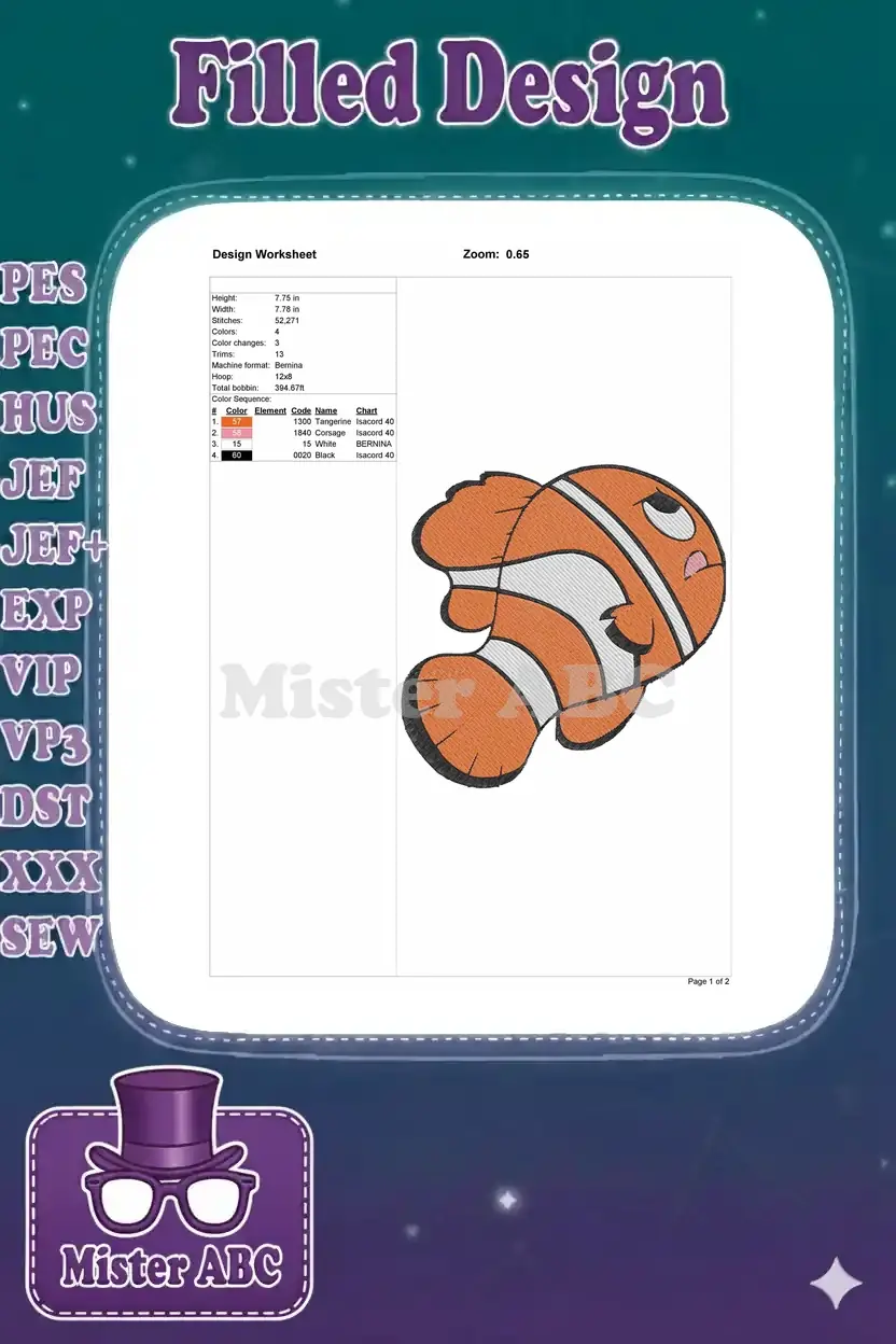 A design worksheet for the clownfish embroidery, detailing dimensions, stitch count, color sequence, and thread information.