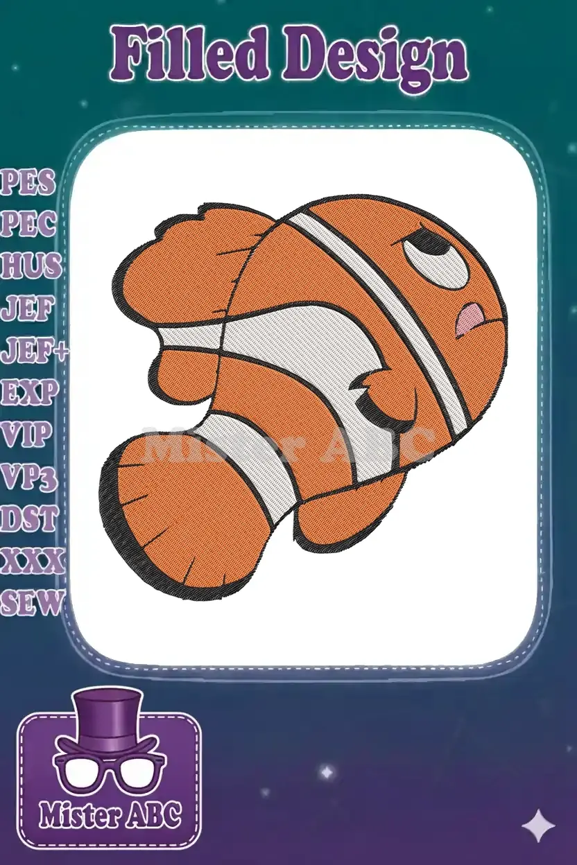 A vibrant, detailed embroidery design of a cartoon-style clownfish, featuring orange, white, and black threads, with a slightly grumpy expression.