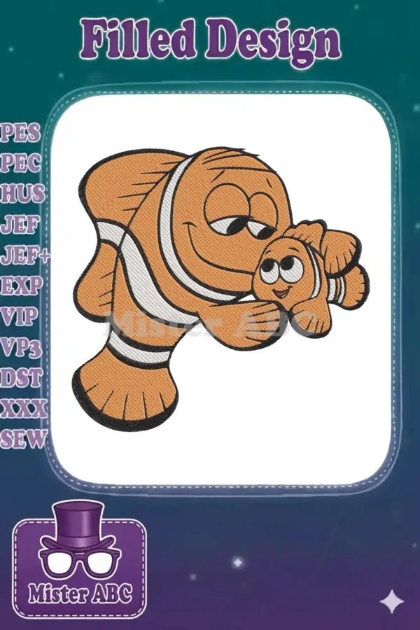 Adorable Marlin and Nemo embroidery design, showcasing their loving bond in vibrant orange, white, and black stitches.