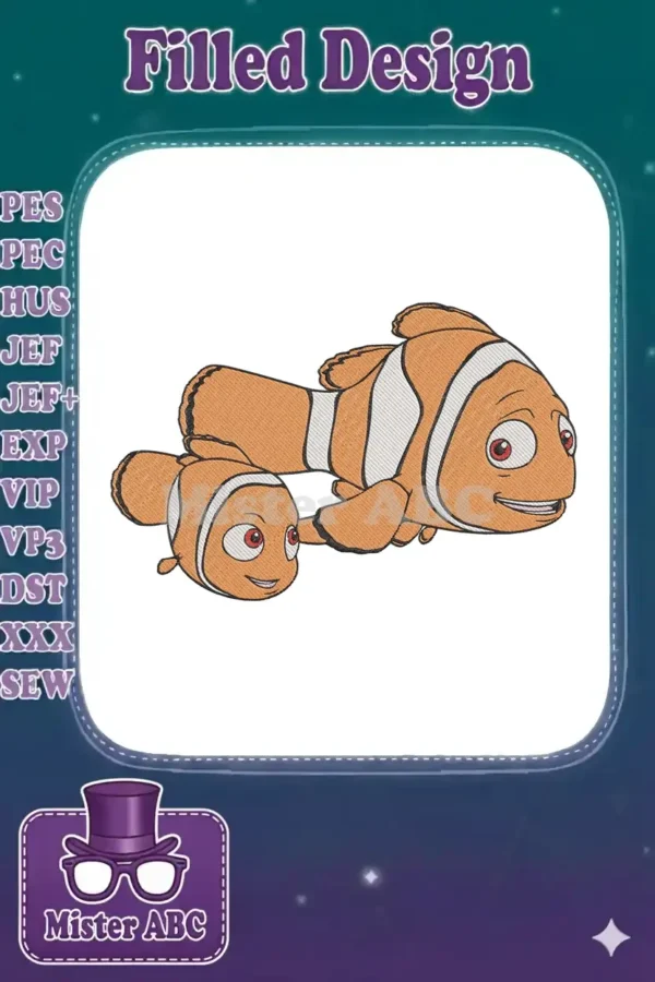 Two smiling orange and white clownfish, resembling Marlin and Nemo, in an intricate embroidery design on white background.