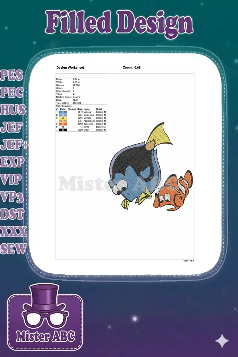 Detailed embroidery design worksheet for Dory and Nemo, showing dimensions, stitch count, and color sequence.