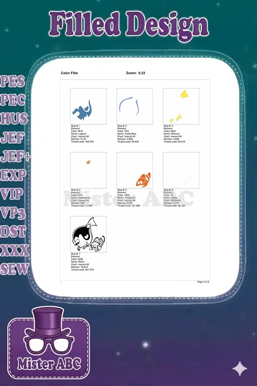 Color film breakdown for Dory and Nemo embroidery, illustrating the stitch sequence for each thread color.