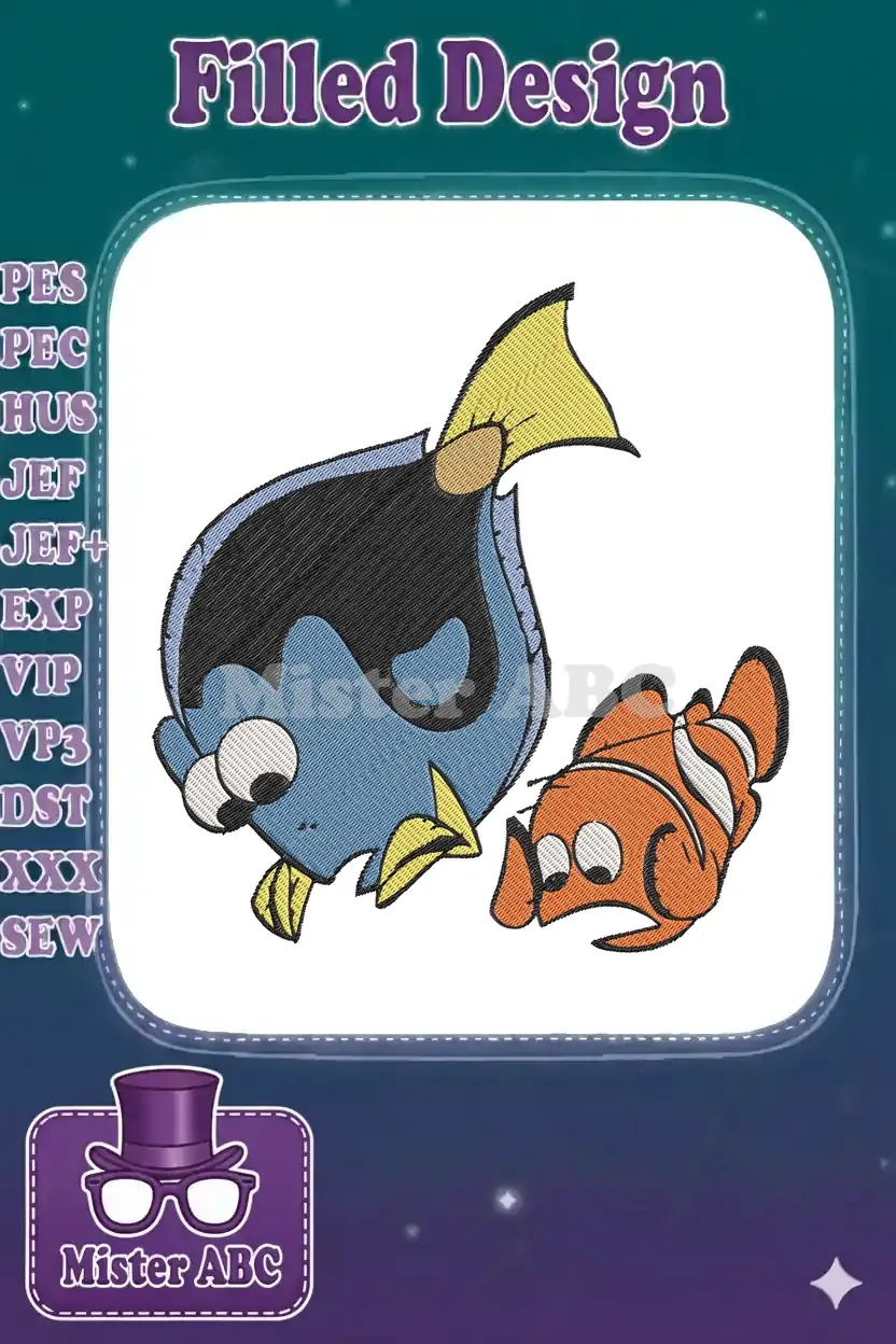 Adorable Dory and Nemo embroidery design, capturing their playful expressions and vibrant underwater friendship.