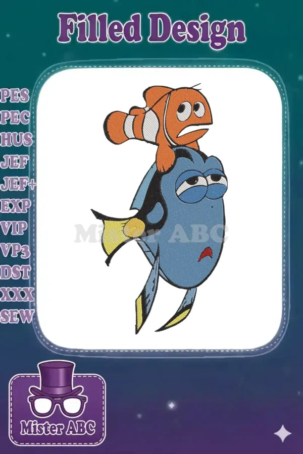 Nemo riding on Dory's back embroidery design, showcasing vibrant colors and detailed stitching on a white background.