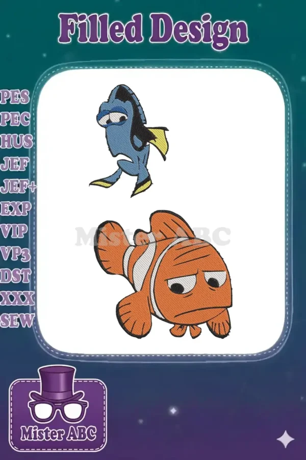 Two embroidered Disney characters, Dory and Nemo, depicted with sad, expressive faces on a white background.