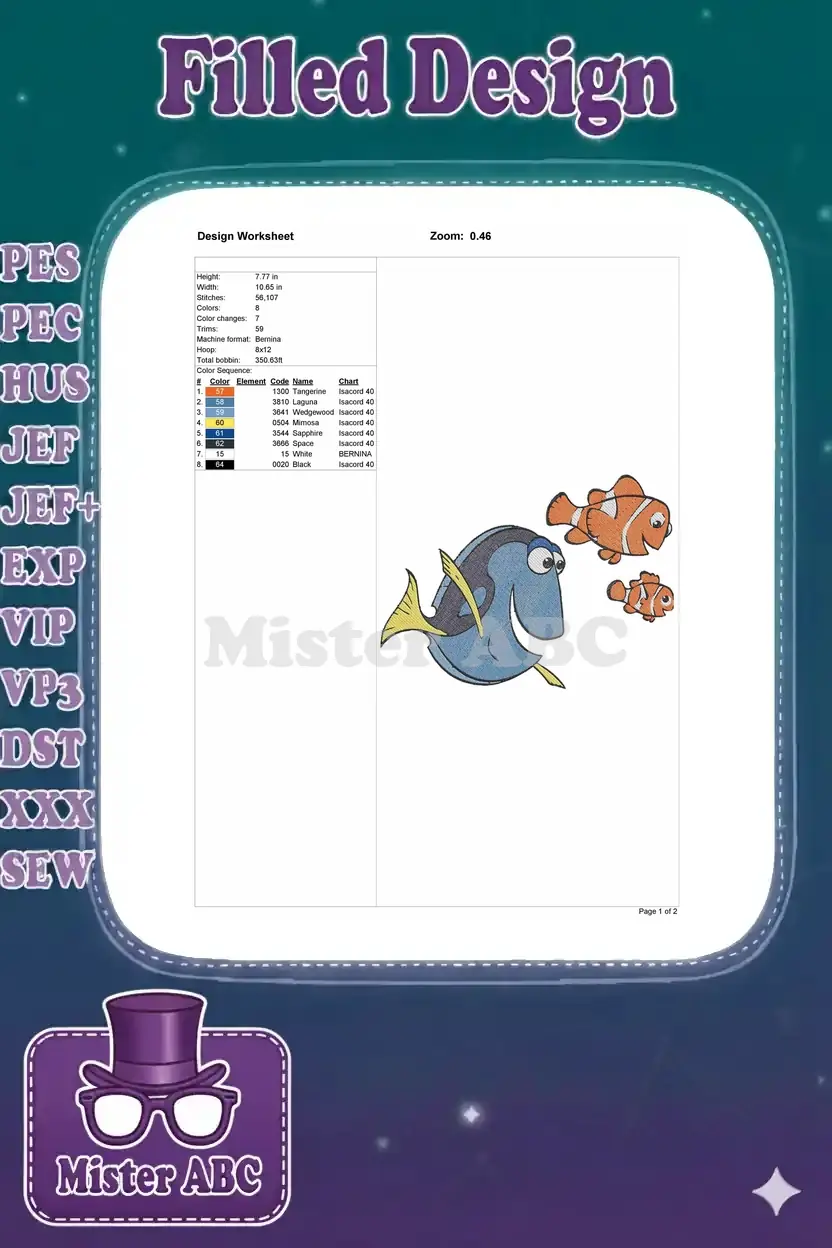 Detailed embroidery design worksheet showing dimensions, stitch count, color sequence, and thread codes.