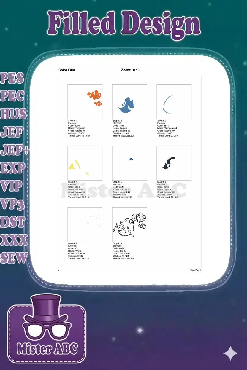 Color film breakdown of the embroidery design, illustrating each thread color's stitching sequence and elements.