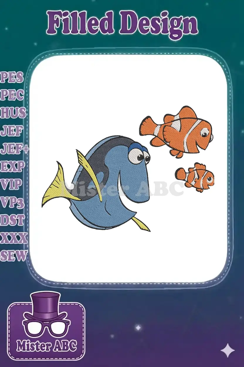 Vibrant embroidery design featuring Dory, Marlin, and Nemo swimming together, ideal for children's apparel.
