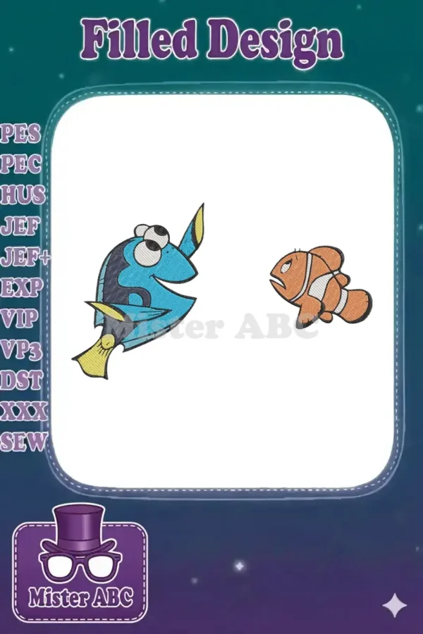 Vibrant embroidery design featuring Dory the blue tang and Nemo the clownfish, captured in a playful pose.
