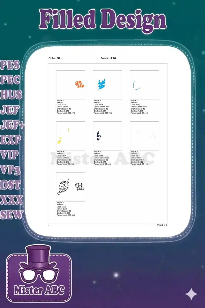 Color film breakdown illustrating the sequential stitching process and thread usage for the Dory and Nemo embroidery.