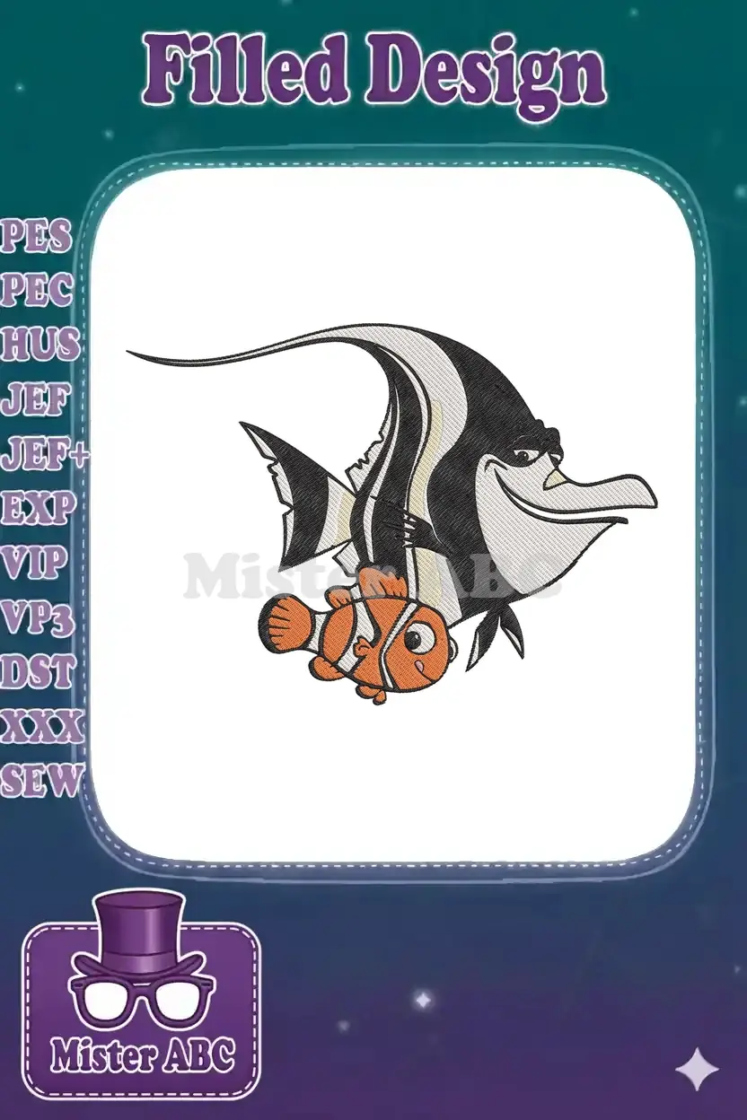 Embroidered design of Gill the Moorish Idol and Nemo the Clownfish, smiling together, perfect for Disney enthusiasts.