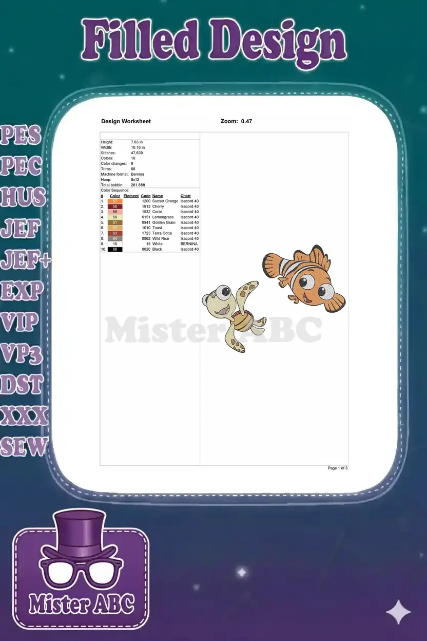 Embroidery design worksheet showing dimensions, stitch count, color sequence, and a small preview of the design.