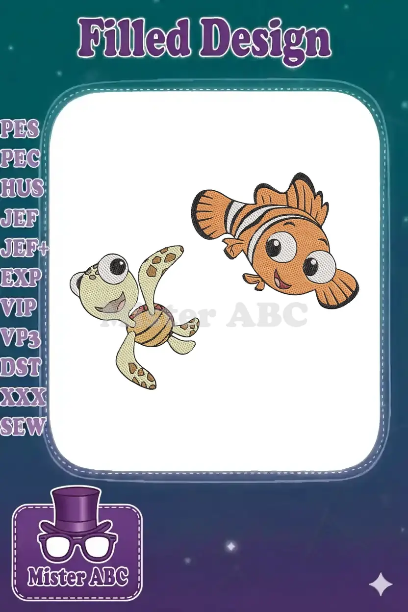 A delightful embroidery of a cheerful orange clownfish and a playful green sea turtle, swimming together on white.
