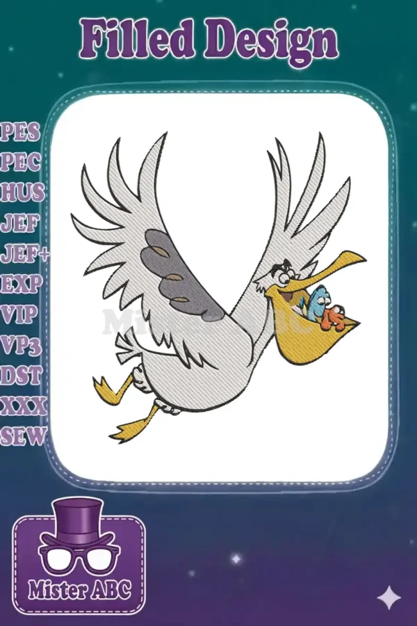 A lively embroidery design showing Nigel the pelican flying, carrying Dory and Marlin in his large beak.