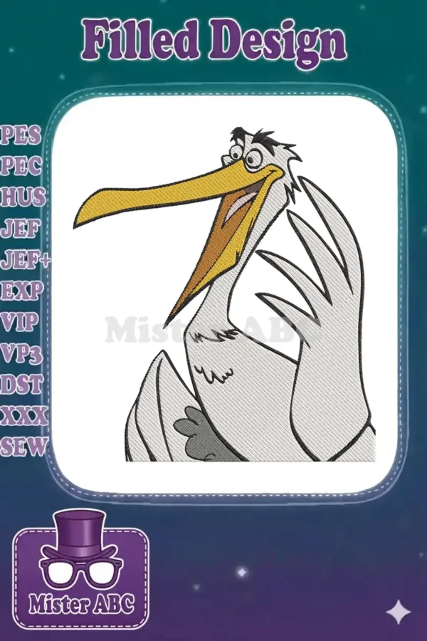 A vibrant cartoon pelican embroidery design with wide eyes and a large yellow beak, showcasing detailed fill stitches.