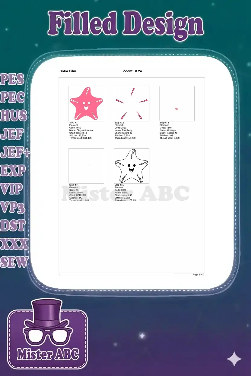 Color film breakdown illustrating each stitch stop and thread color for the pink starfish embroidery design process.