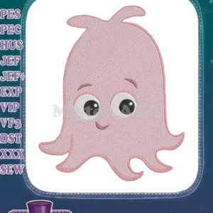 Close-up of a charming pink Pearl The Octopus embroidery design with large eyes and a sweet smile, on a white background.