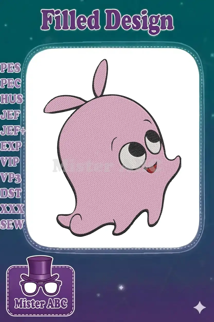 A vibrant digital embroidery design of Dumbo, the cheerful pink octopus with big eyes and small ears.