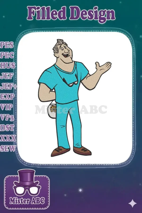 A cheerful cartoon doctor in teal scrubs, holding a fishbowl behind his back, with a welcoming open hand gesture.