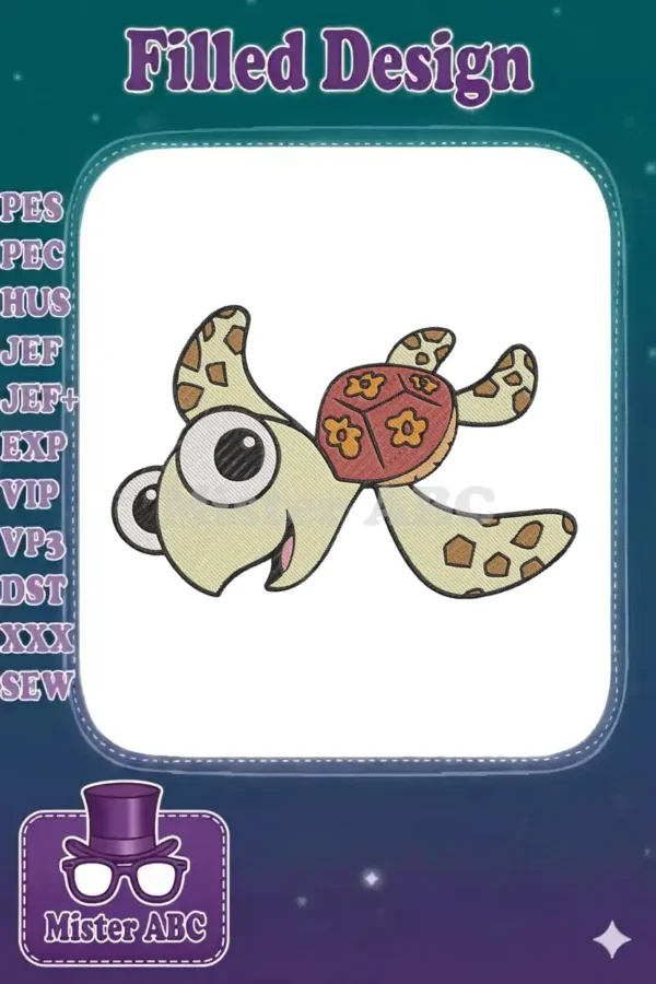 A charming cartoon baby sea turtle embroidery design, featuring big eyes, a happy smile, and a patterned shell.