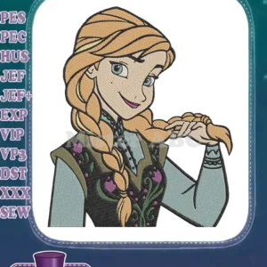 Vibrant embroidery design featuring Princess Anna from Disney's Frozen, showcasing her braided hair and winter attire.