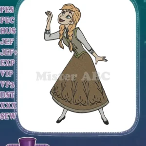 A delightful embroidery design of Anna from Frozen, striking an engaging pose with intricate details and vibrant thread colors.