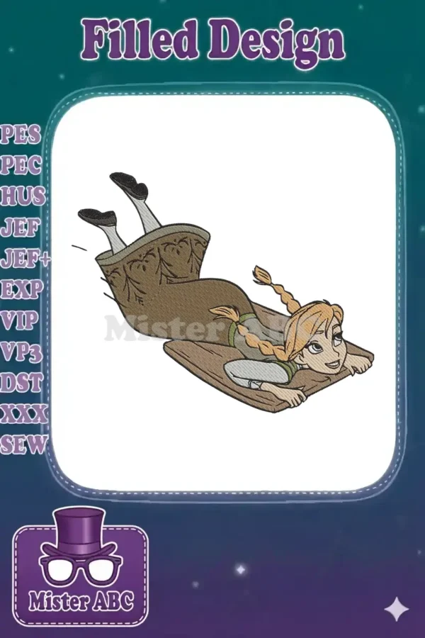A vibrant machine embroidery design of Anna from Disney's Frozen, smiling and sliding on a brown plank.