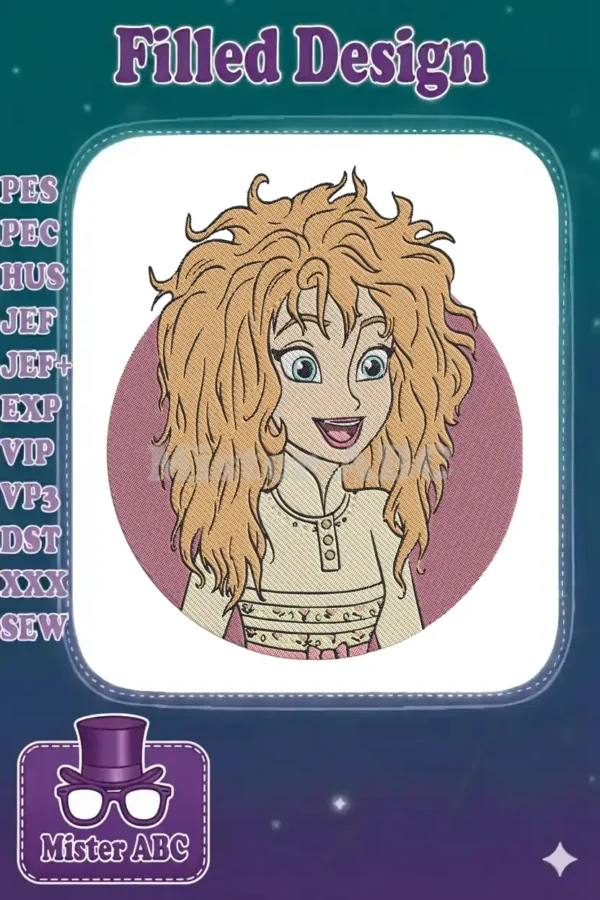 Close-up of an intricate embroidery design featuring a cheerful, curly-haired girl with big blue eyes.