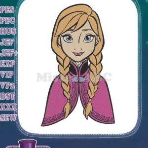 Close-up embroidery design of Anna from Frozen, featuring her iconic braided pigtails, blue eyes, and magenta cape, with detailed stitching.