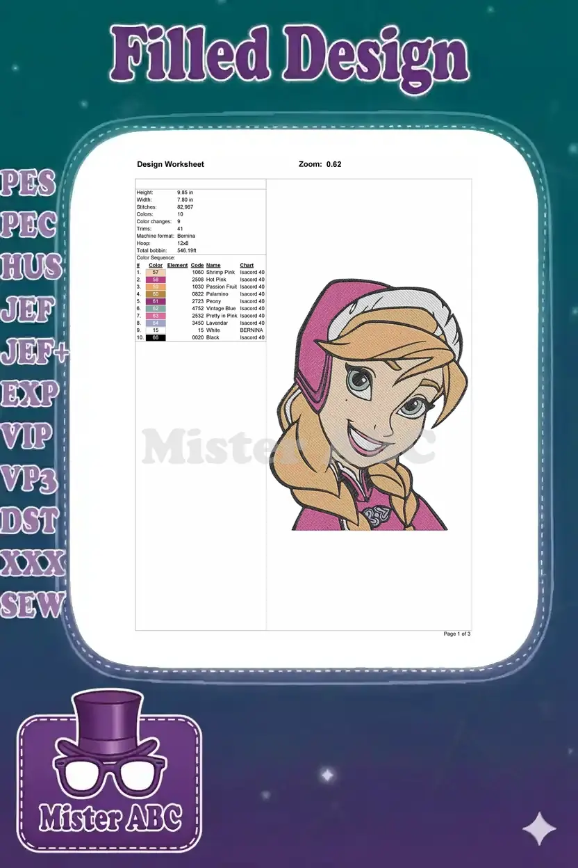 Embroidery design worksheet for Princess Anna, detailing dimensions, stitch count, color sequence, and machine info.
