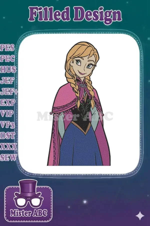 A vibrant embroidery design of Princess Anna from Frozen, featuring her iconic braided hair and winter outfit.