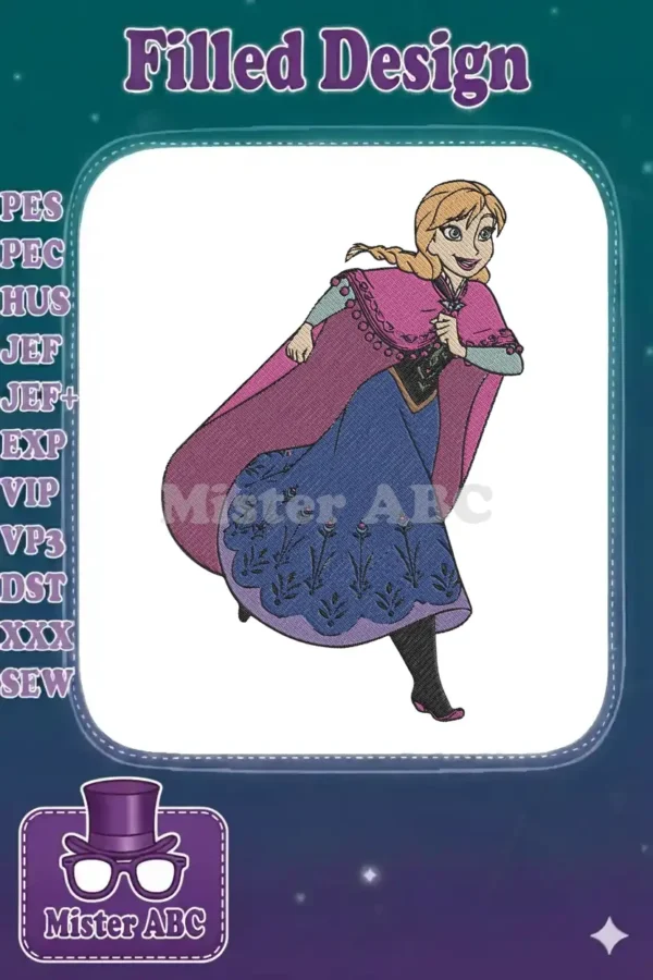 Embroidered design of Princess Anna from Disney's Frozen, depicted in a running pose with a vibrant pink cape and blue dress.