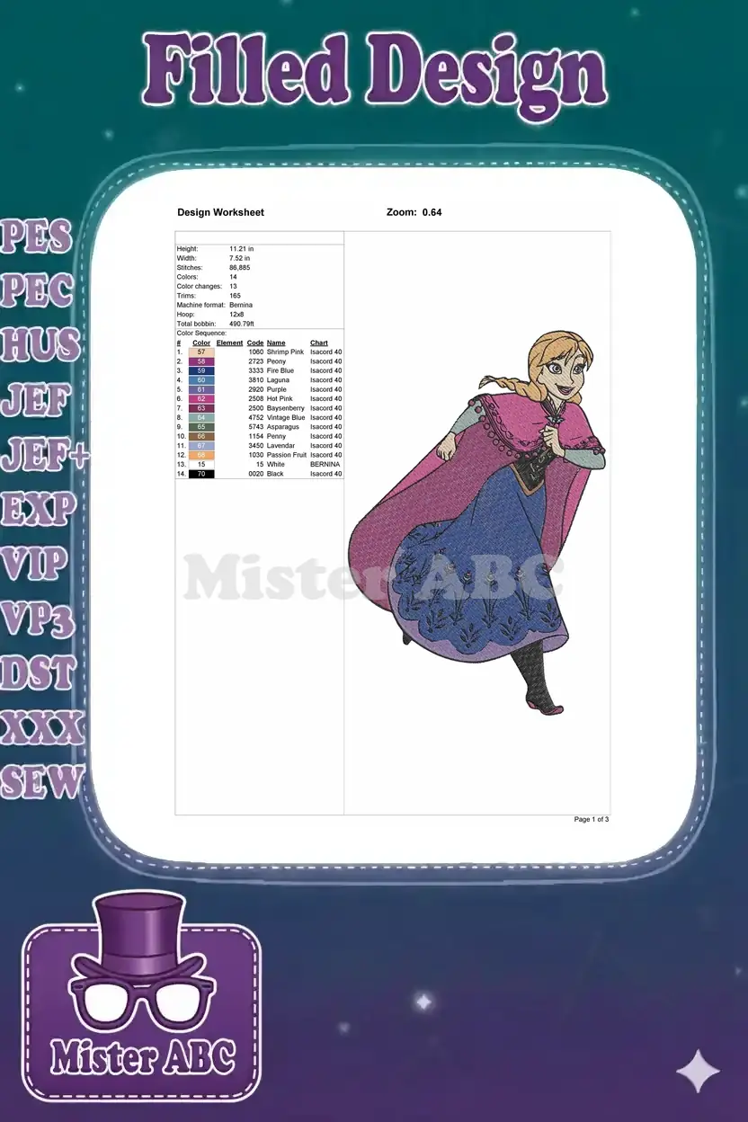 Embroidery design worksheet for Princess Anna, displaying stitch count, color changes, thread chart, and design dimensions.