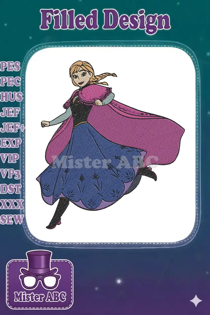 Dynamic embroidery design of Anna from Frozen, featuring her iconic winter attire in vibrant fill stitches.