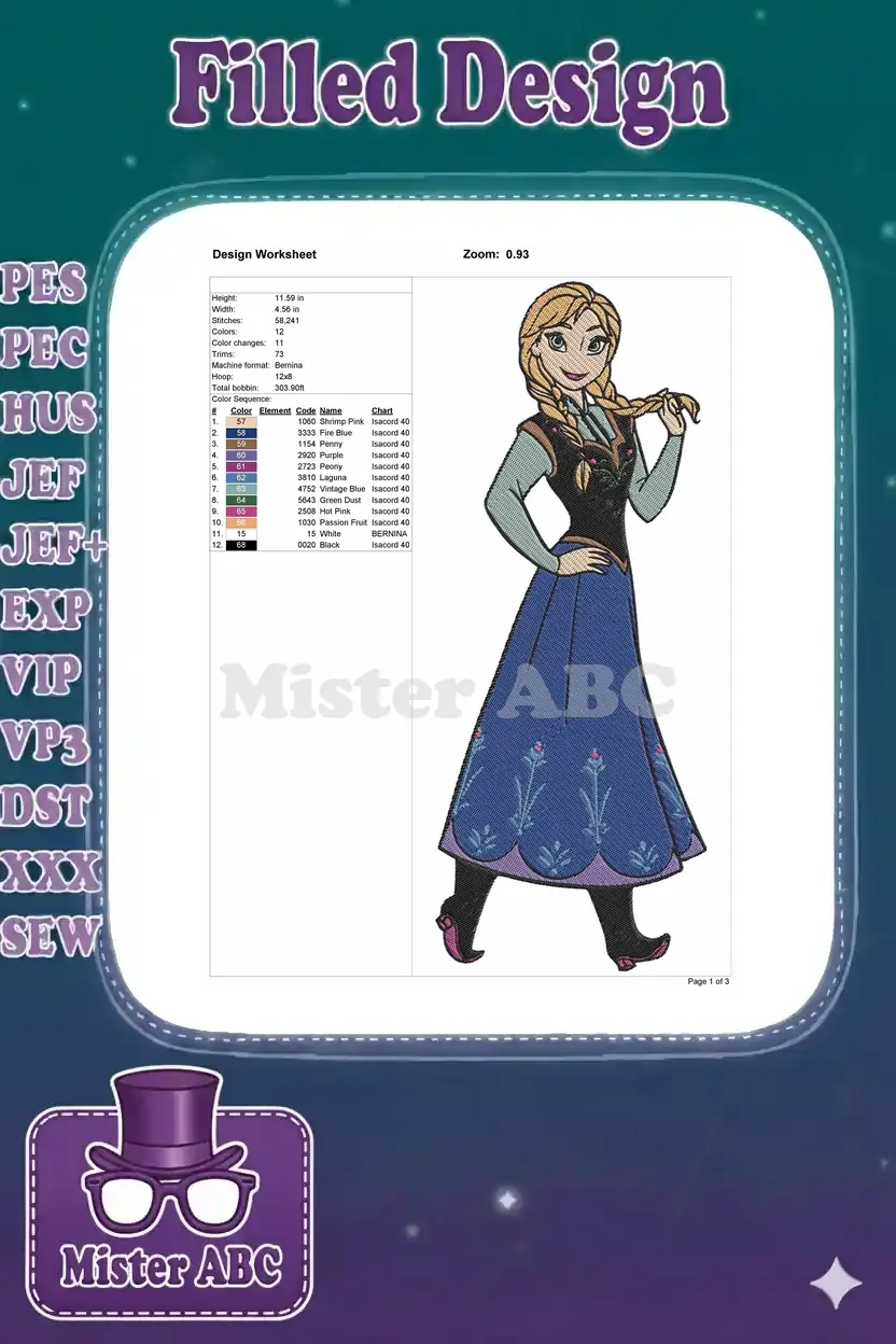 Embroidery design worksheet for Anna, showing dimensions, stitch count, color chart, and a design preview.