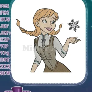 Vibrant embroidery design of Princess Anna from Disney's Frozen, smiling and interacting with a delicate snowflake.