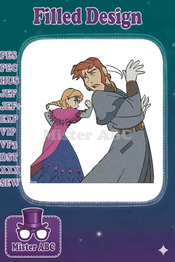 Vibrant embroidery design featuring Anna punching Hans from Disney's Frozen, showcasing a dynamic movie scene.
