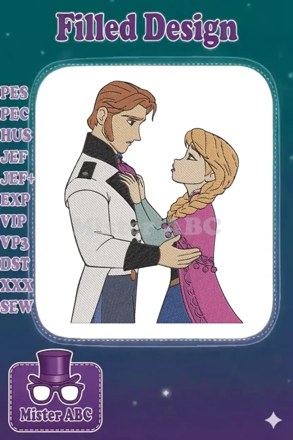 Detailed embroidery design of Princess Anna and Prince Hans from Disney's Frozen, captured in a tender moment.
