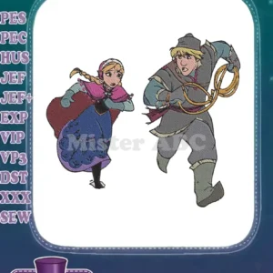 Dynamic embroidery design featuring Anna and Kristoff from Disney's Frozen, captured in a moment of urgency or adventure.