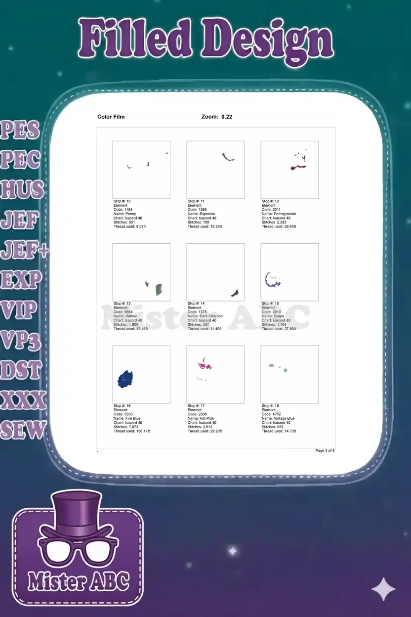 Second page of the Color Film for Anna and Kristoff embroidery, detailing color stops 10-18 and thread usage.