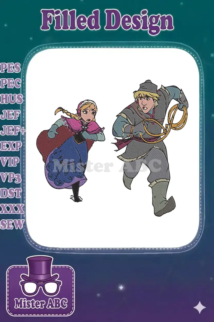 Dynamic embroidery design featuring Anna and Kristoff from Disney's Frozen, captured in a moment of urgency or adventure.