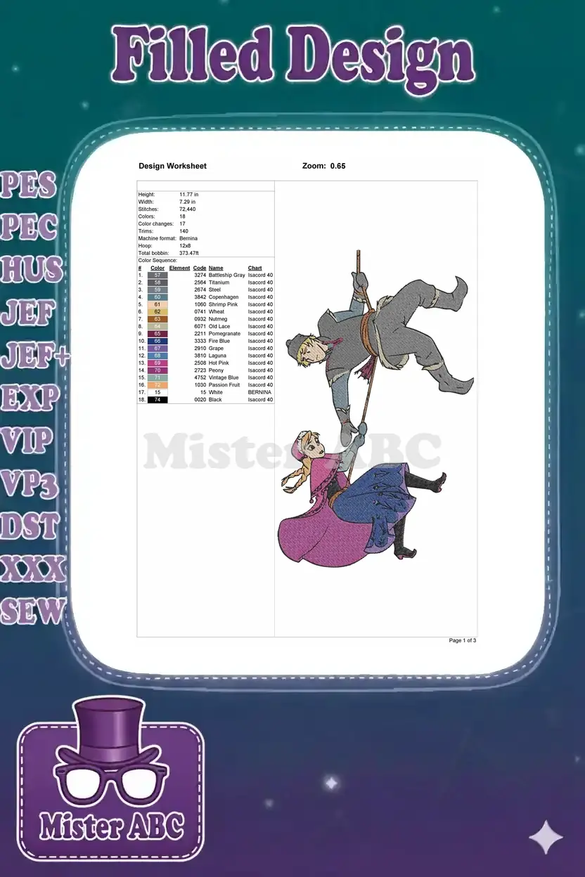 Embroidery design worksheet for Anna and Kristoff, showing dimensions, stitch count, and color sequence.