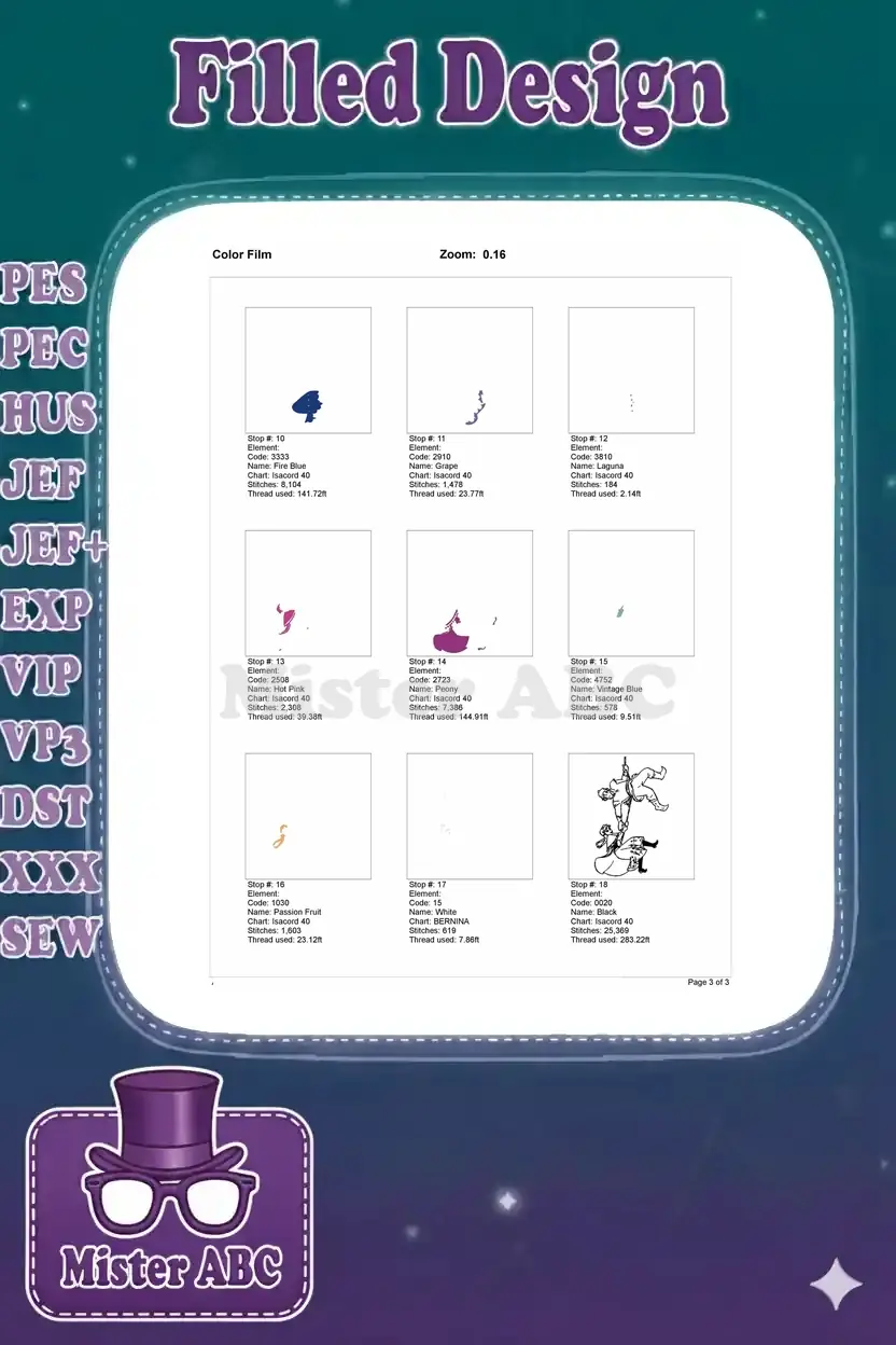 Second page of the embroidery color film, showing remaining color stops including the final black outline.