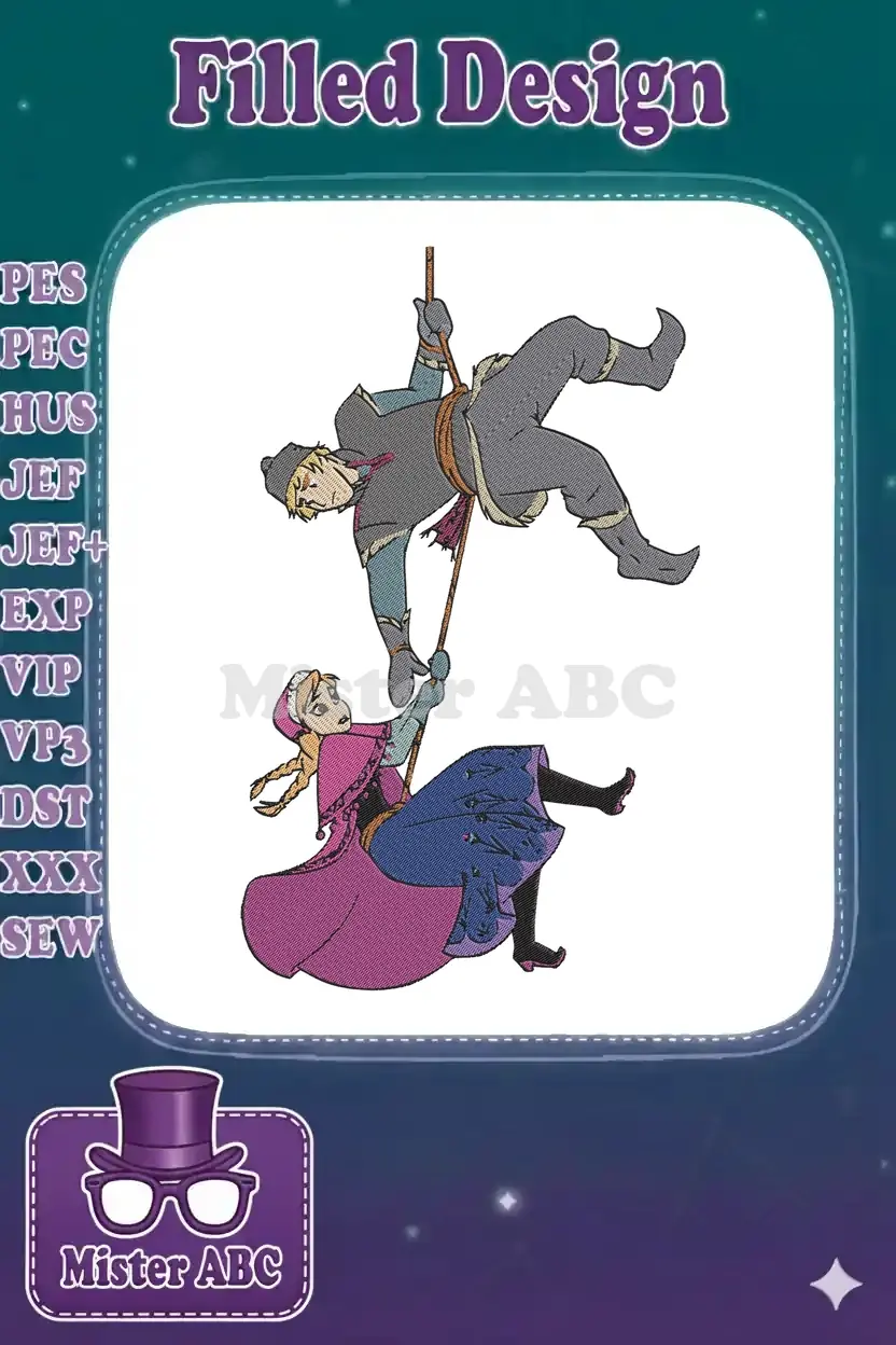 Anna and Kristoff from Frozen hanging from a rope, an adventurous embroidery design with vibrant colors and detail.