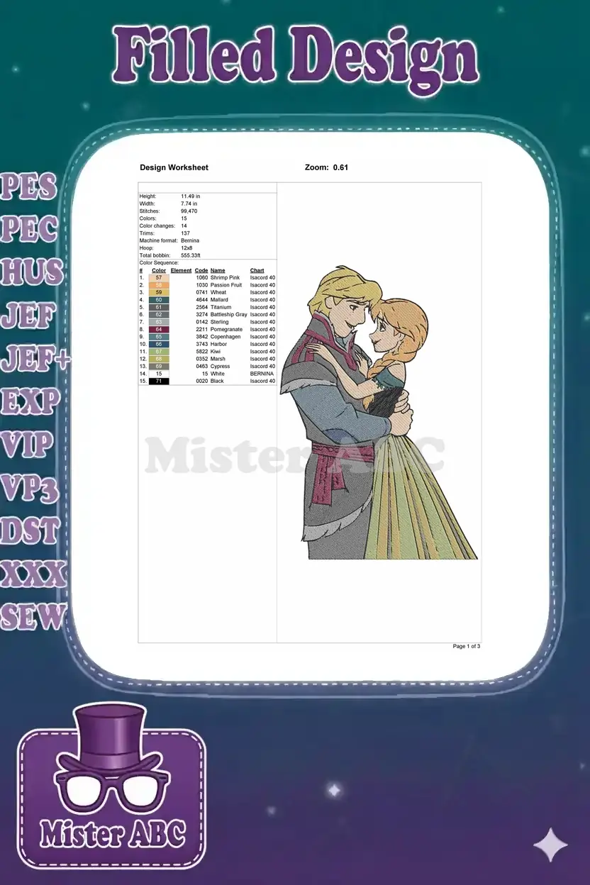 A design worksheet providing comprehensive technical details, color codes, and stitch count for the embroidery design.
